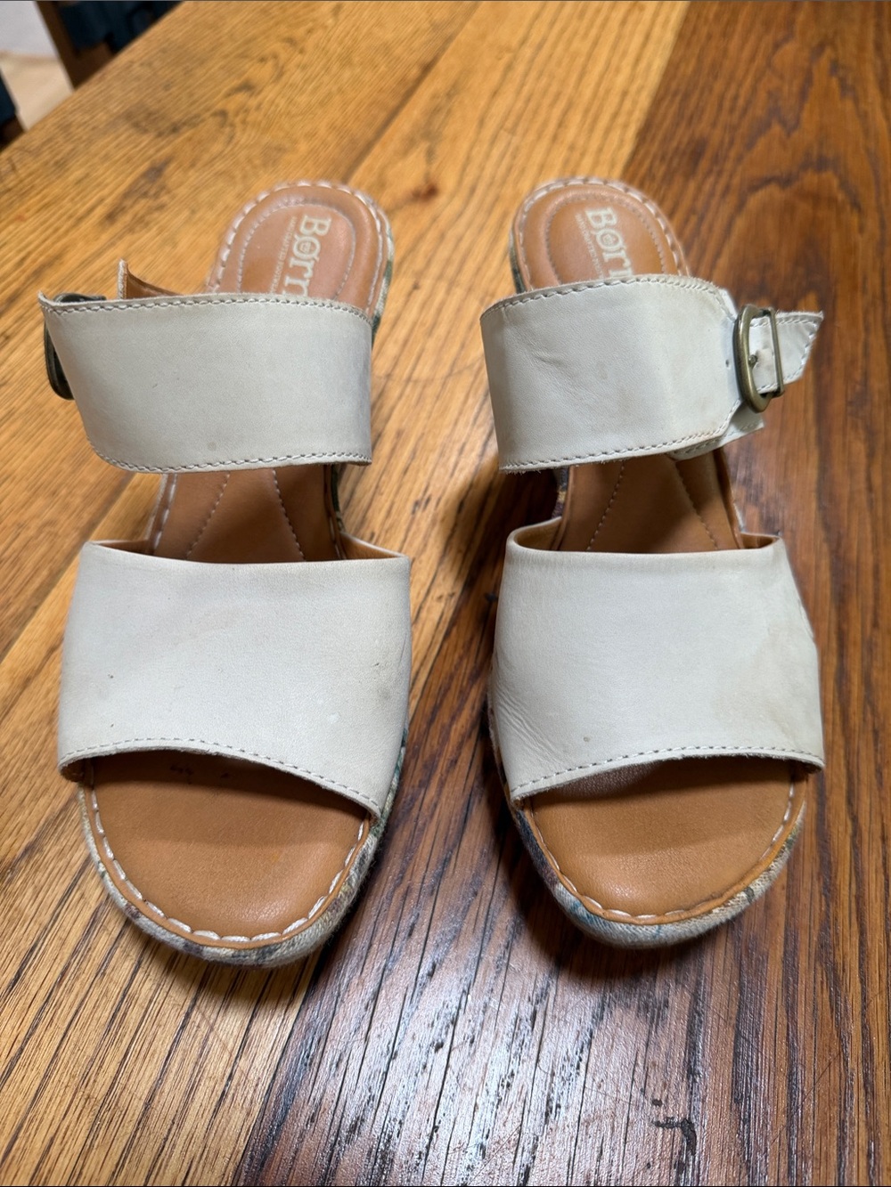 Born Cream Leather Double-strap Slide Sandals with Buckle and floral wedge heels
